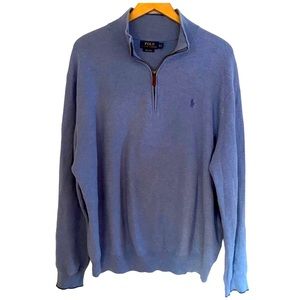 Polo Ralph Lauren 1/4 Zip Sweater Leather Zipper Pull Embroidered Logo XXL Blue